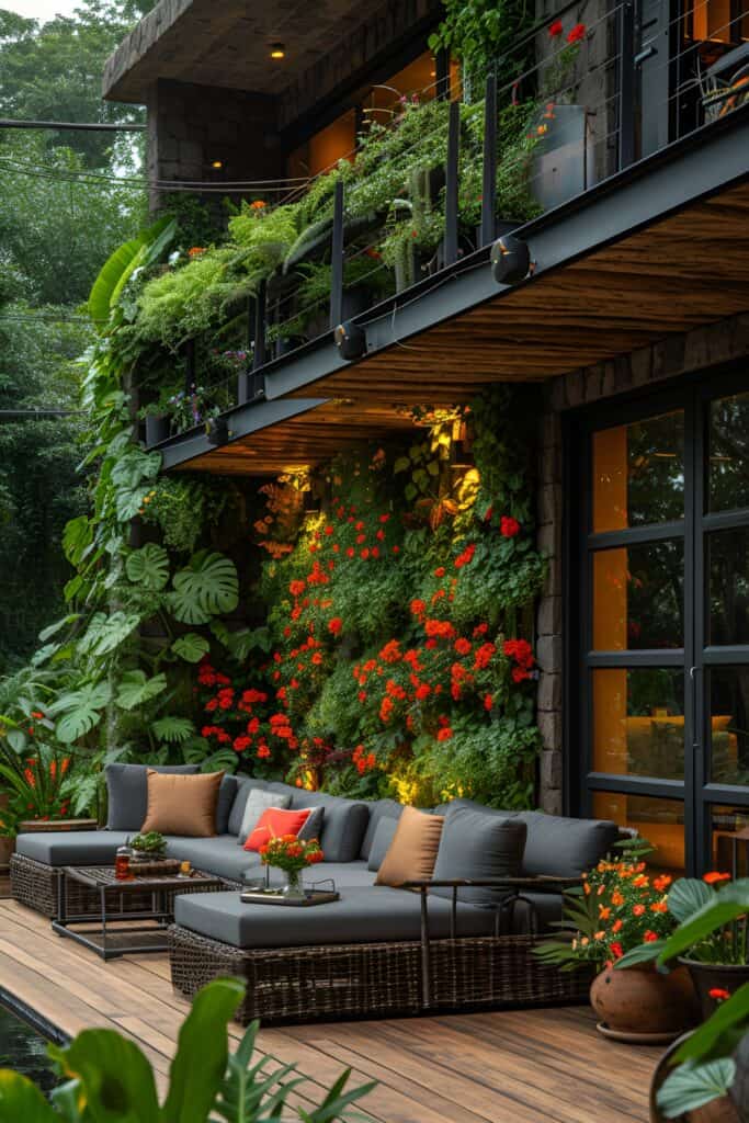Contemporary urban garden back porch with polished concrete and vertical gardens