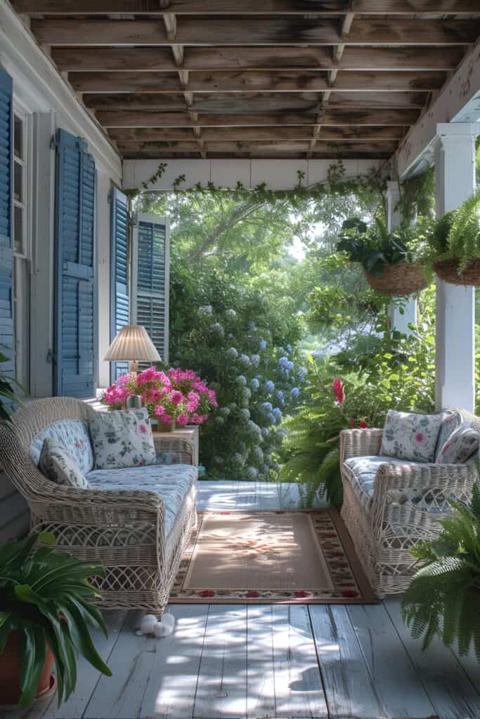 Country cottage charm back porch with whitewashed floors and vintage wicker furniture