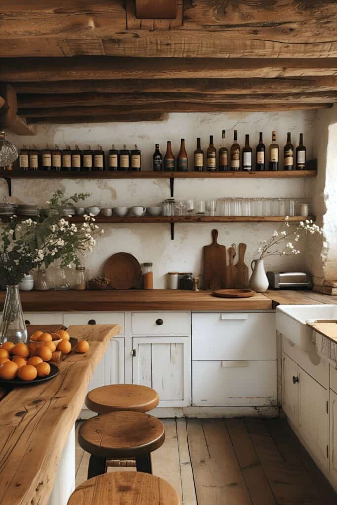 Rustic wooden shelves and beams in a cozy cottage kitchen