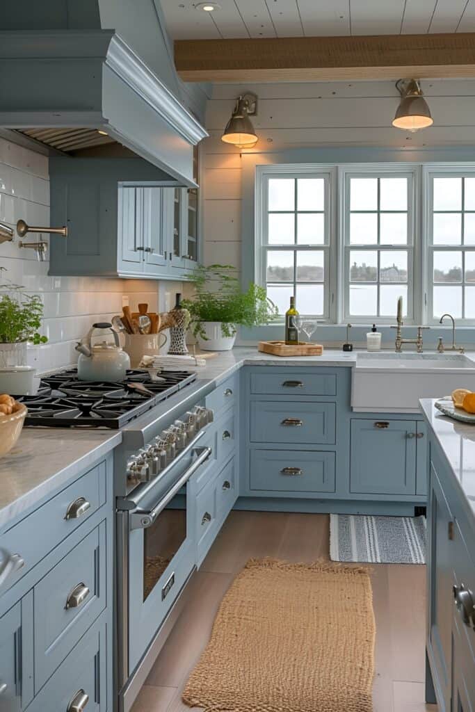 Coastal cottage kitchen with light blue accents and sea glass backsplash