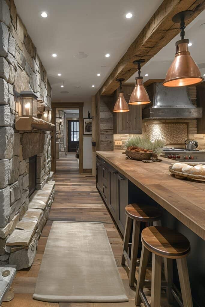 Cozy cottage kitchen with warm wood cabinets and stone accent wall