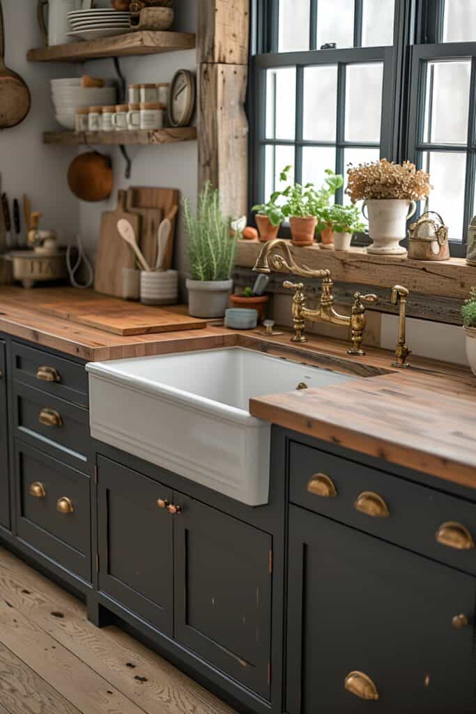 Farmhouse sink and butcher block countertops in a cozy cottage kitchen