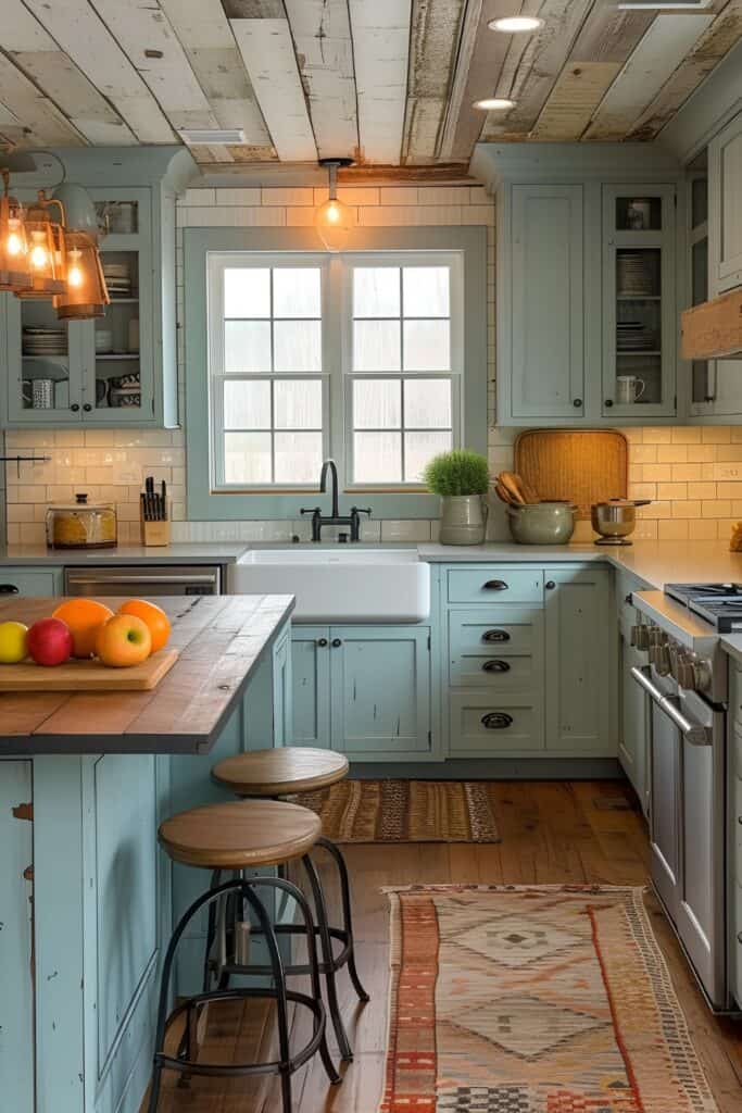 Colorful tile backsplash and painted cabinets in a cozy cottage kitchen