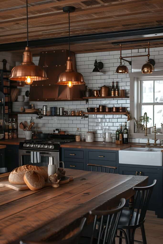 Industrial shelving and Edison bulb lights in a cozy cottage kitchen