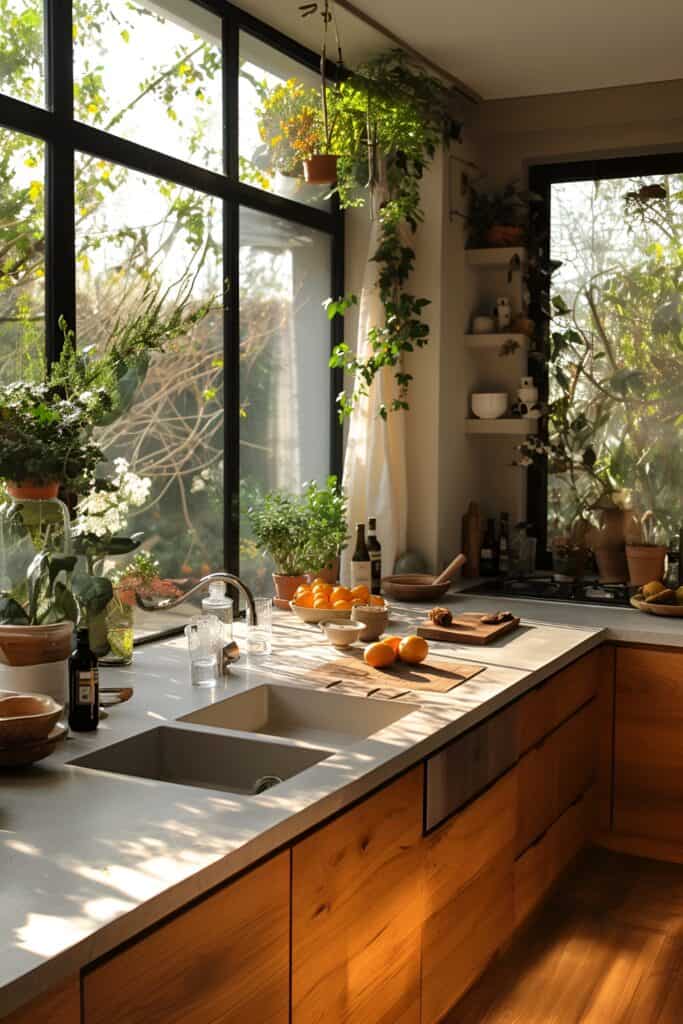 Large windows with sheer curtains and plants in a cozy cottage kitchen