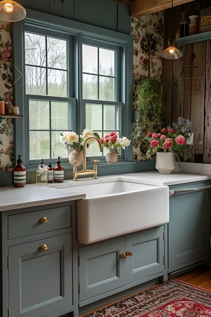 Floral wallpaper and farmhouse sink in a whimsical cozy cottage kitchen