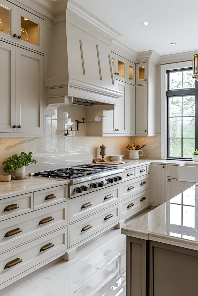 Classic white cabinetry and marble countertops in a cozy cottage kitchen