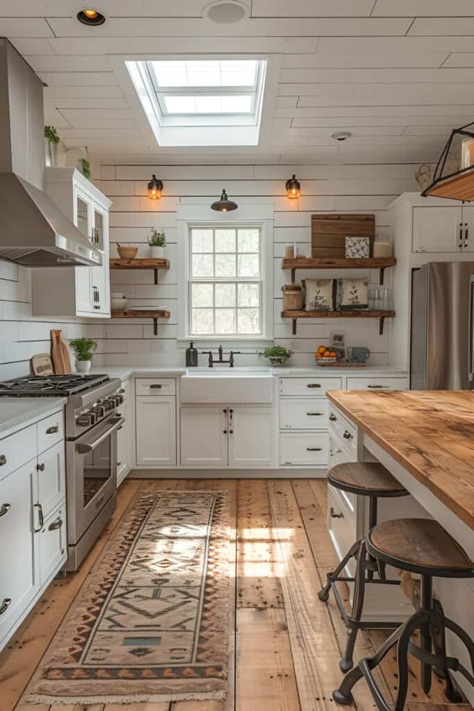 Bright cottage kitchen with skylights and white shiplap walls