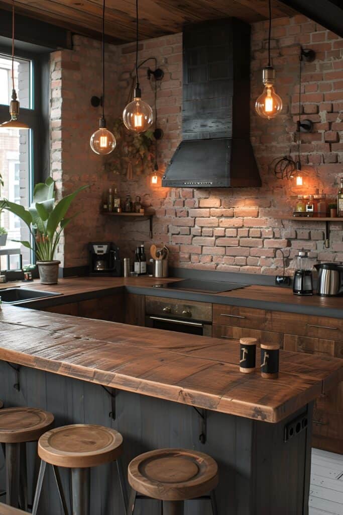 Exposed brick wall and industrial pendant lights in a cozy cottage kitchen
