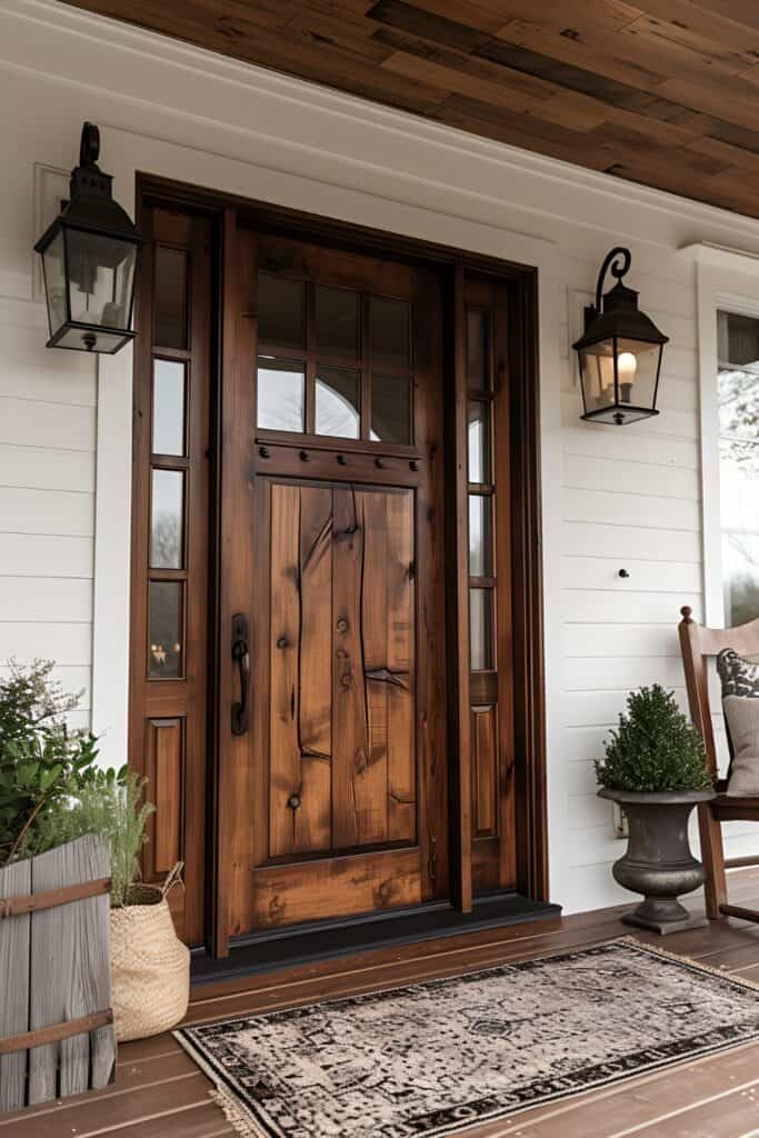 Modern farmhouse front door with glass panels, surrounded by white siding and brick, with rustic porch light and potted plants.