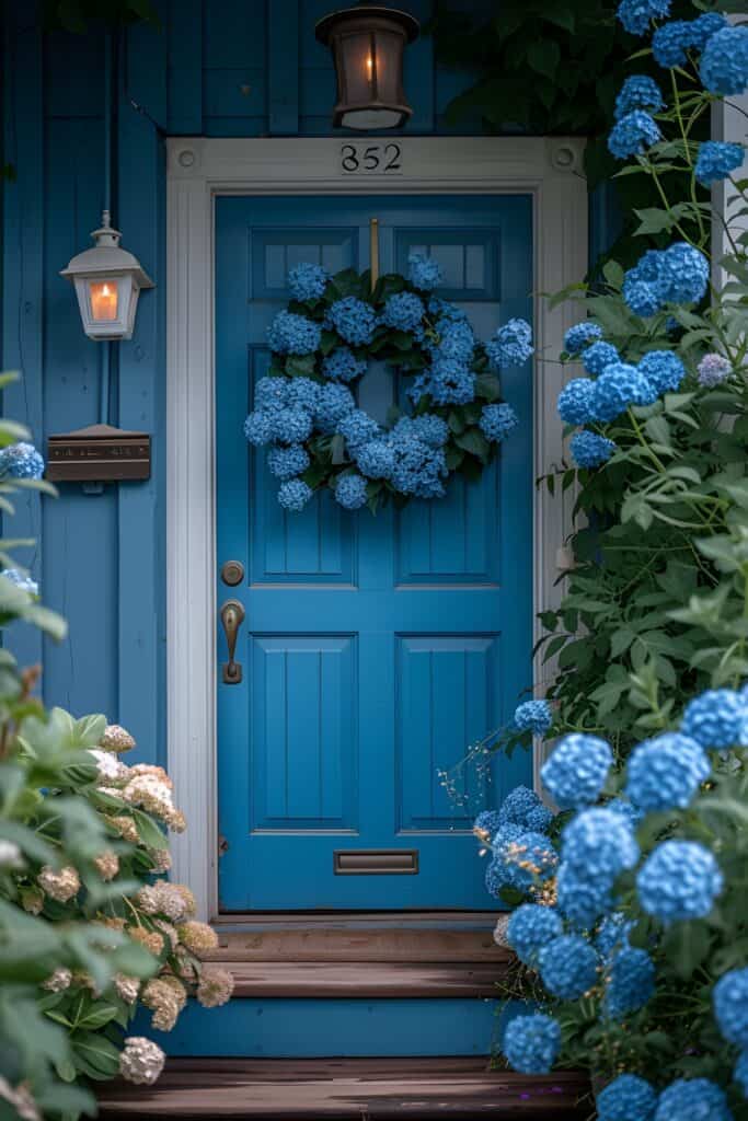 Classic blue front door with floral wreath and white trim, surrounded by blooming flowers