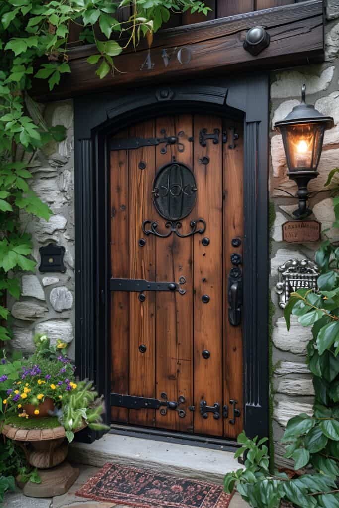 Whimsical woodland front door with intricate carvings, surrounded by lush foliage and fairy lights