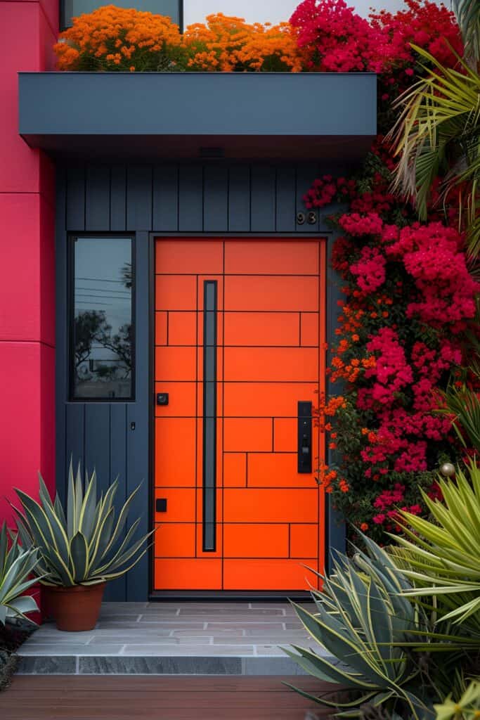 Vibrant geometric patterned front door with bold colors and modern design, accented by sleek metal and potted succulents