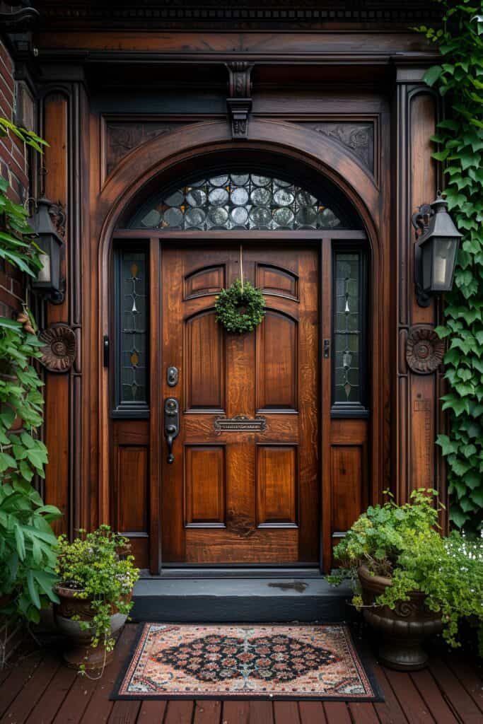 Traditional wood front door with stained glass accents and classic design, surrounded by lush greenery and vintage door knocker