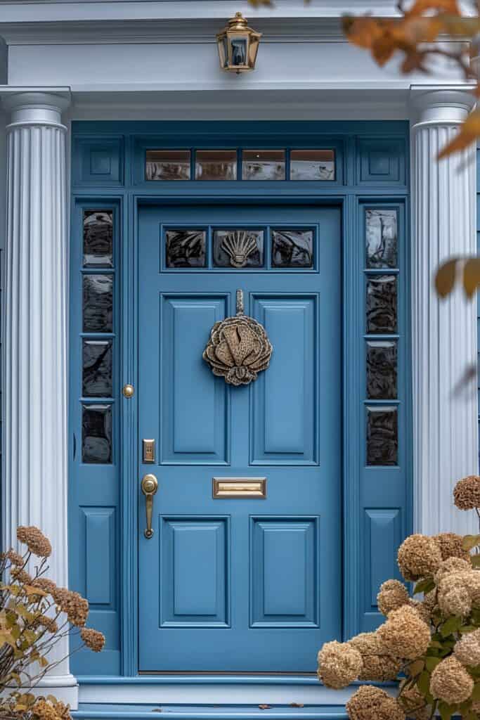 Coastal style light blue front door with nautical decor and seashell wreath, surrounded by white clapboard siding.