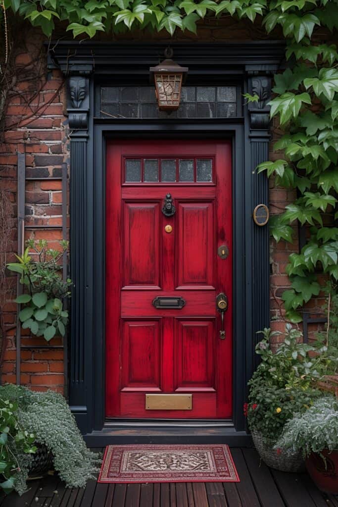 Vintage charm red front door with brass hardware, surrounded by ivy-covered brick walls and classic lantern light