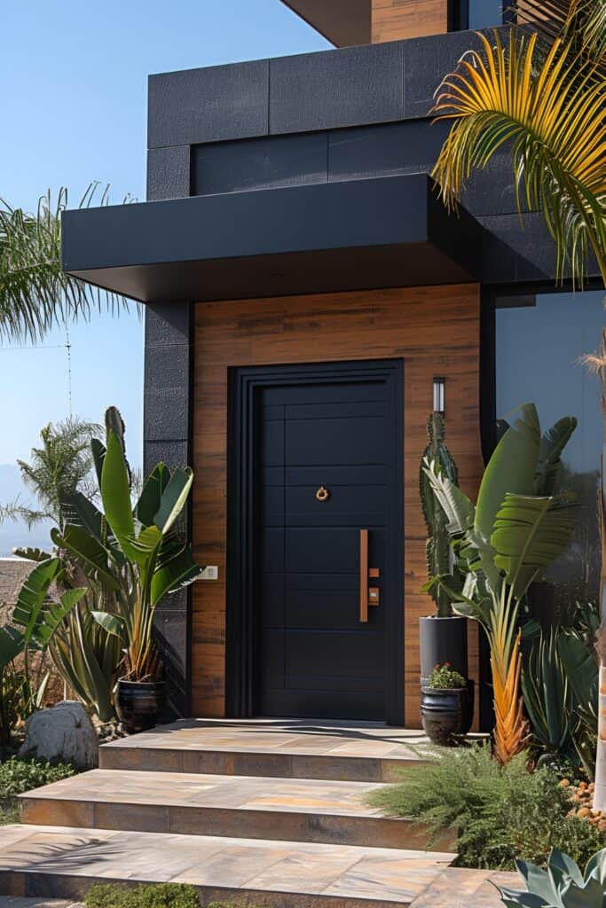 Sleek industrial black metal front door with frosted glass panels, surrounded by concrete walls and steel frame details