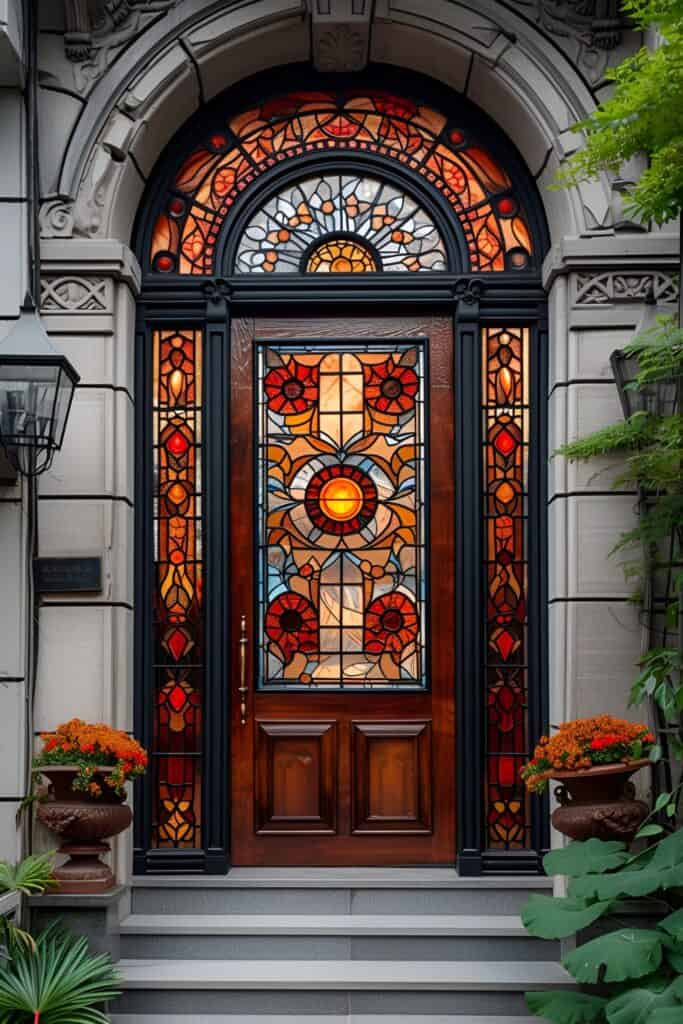 Art Deco inspired front door with geometric glass patterns and bold colors, surrounded by metal frames and marble steps