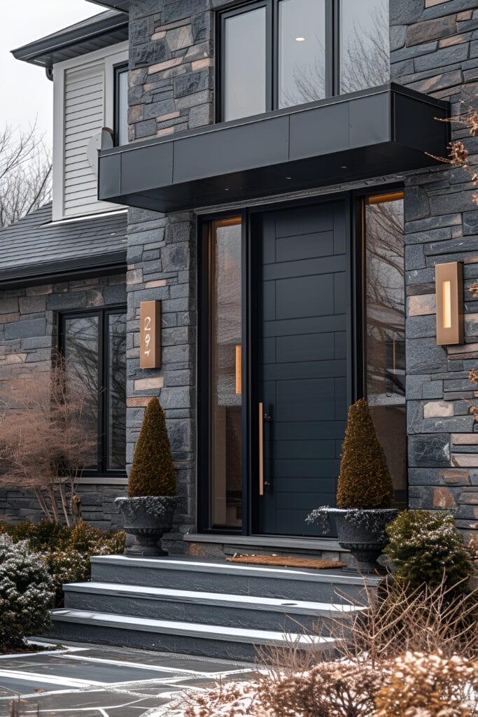Contemporary front door with large glass panels and sleek metal handles, surrounded by modern landscaping