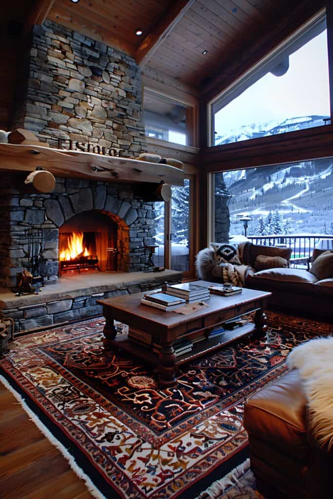 Cozy rustic living room with stone fireplace and leather sofas.