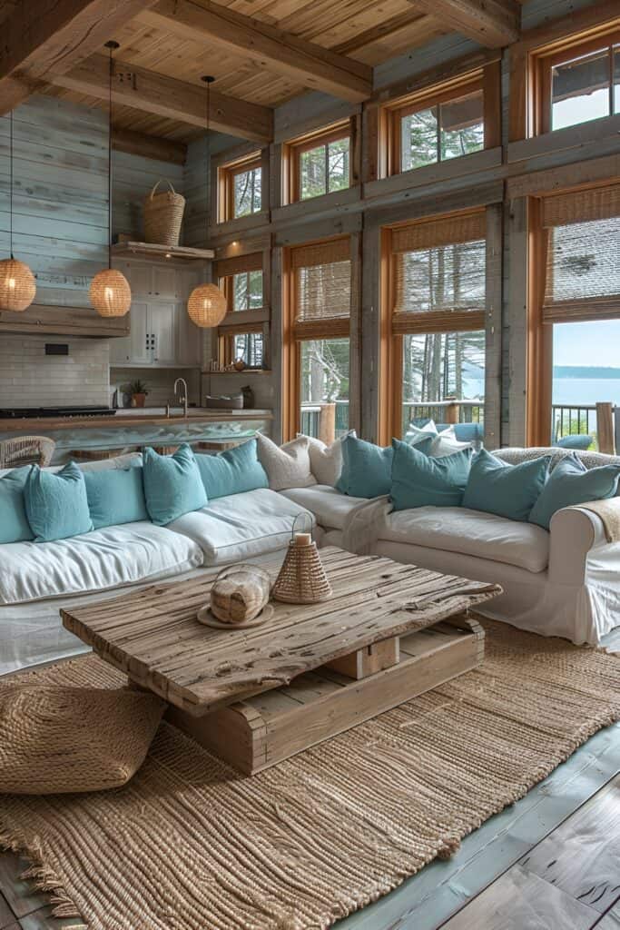 Coastal rustic living room with light blue palette and driftwood accents.