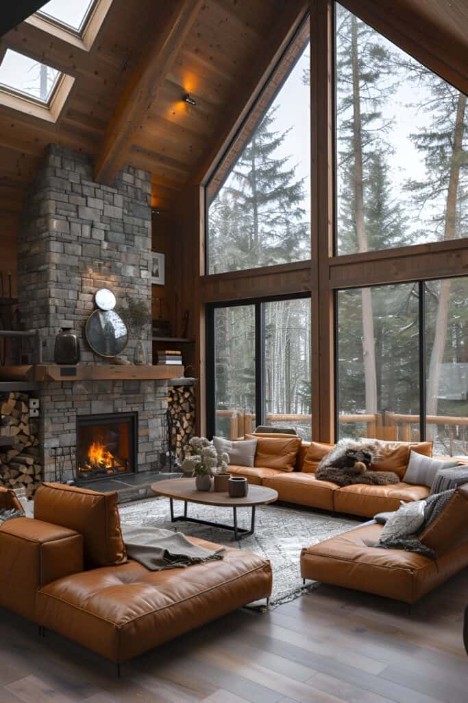 Luxurious rustic lodge living room with stone fireplace and leather furniture.