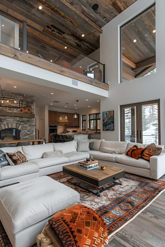 Modern rustic living room with sleek furniture and exposed beams.