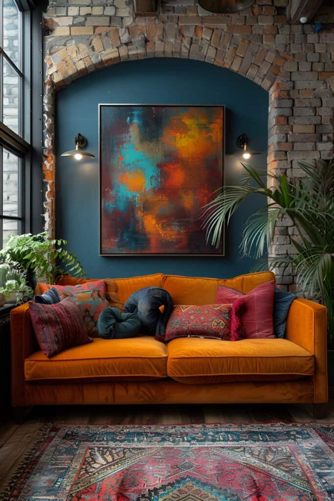 Eclectic rustic living room with a mix of patterns and vibrant colors.