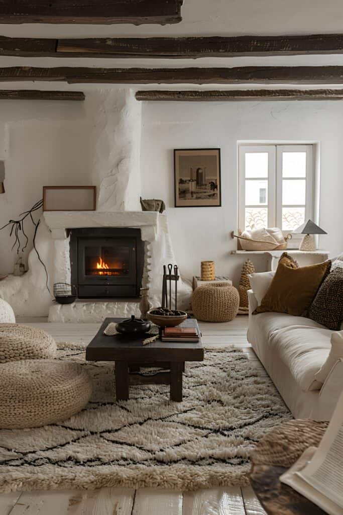 Scandinavian rustic living room with natural wood furniture and cozy textiles.
