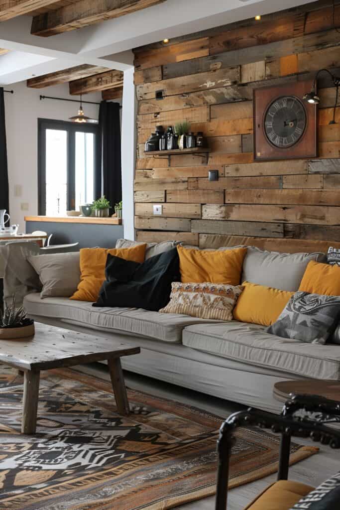 Rustic chic living room with reclaimed wood wall and modern furniture.