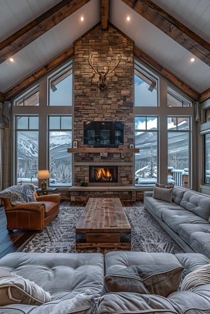 Mountain lodge inspired living room with wooden beams and stone fireplace.