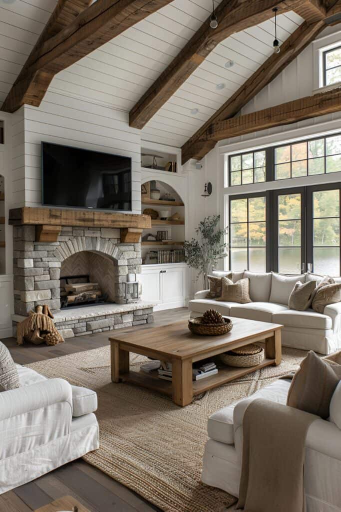 Farmhouse rustic living room with whitewashed brick fireplace and vintage decor.