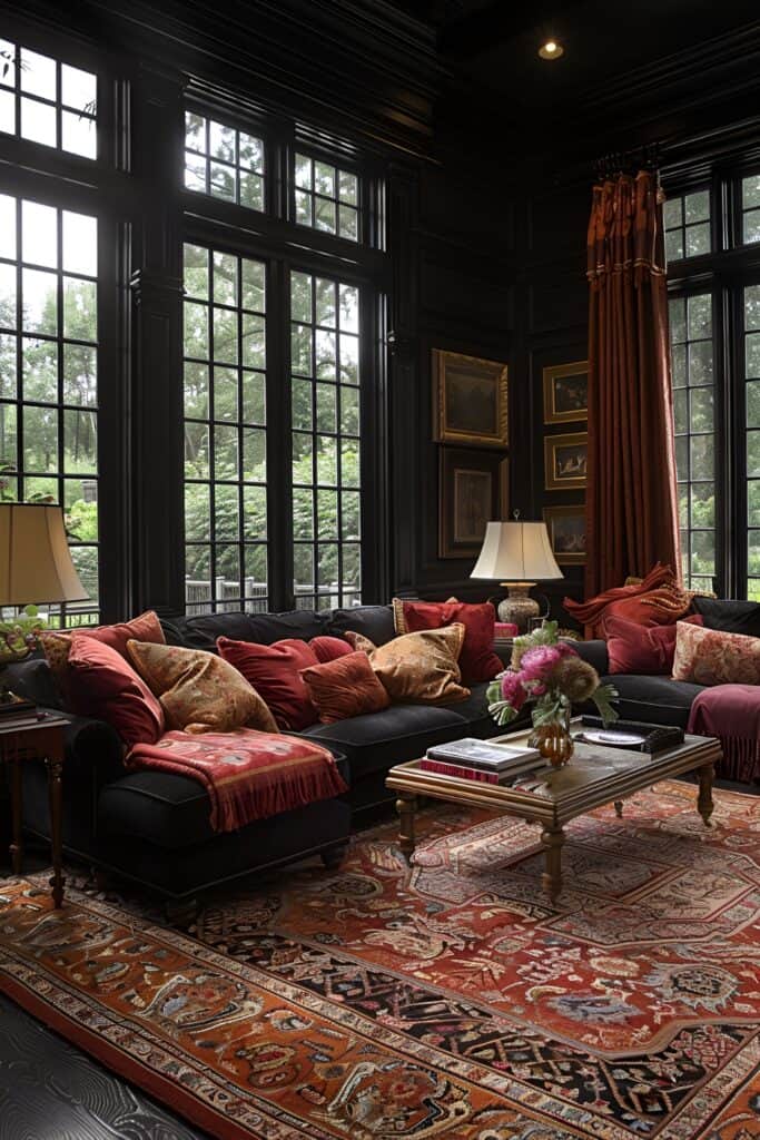 Sophisticated rustic living room with high-end textiles and elegant furniture.