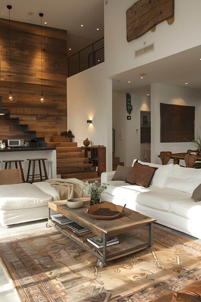 Minimalist rustic living room with natural wood accents and open space.