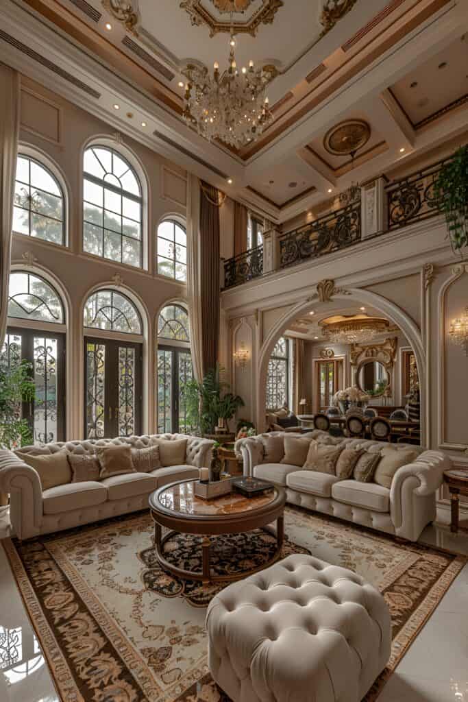 Glamorous rustic living room with luxurious fabrics and glittering chandeliers.