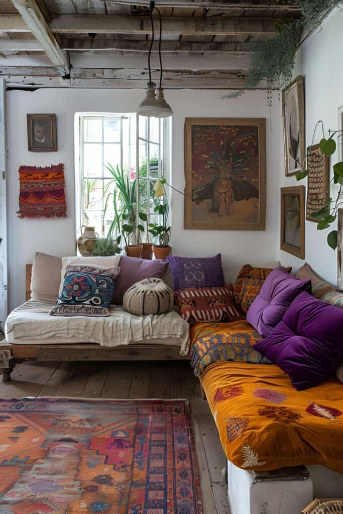 Bohemian rustic living room with colorful textiles and eclectic decor.